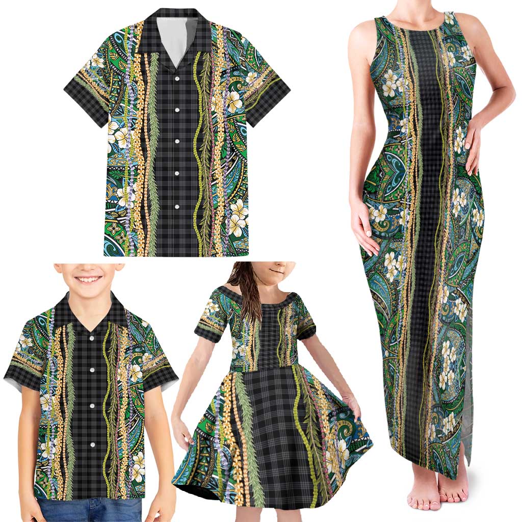 Hawaiian Art Flower Tribal with Lei Family Matching Tank Maxi Dress and Hawaiian Shirt Palaka Pattern Black Color - Polynesian Pride