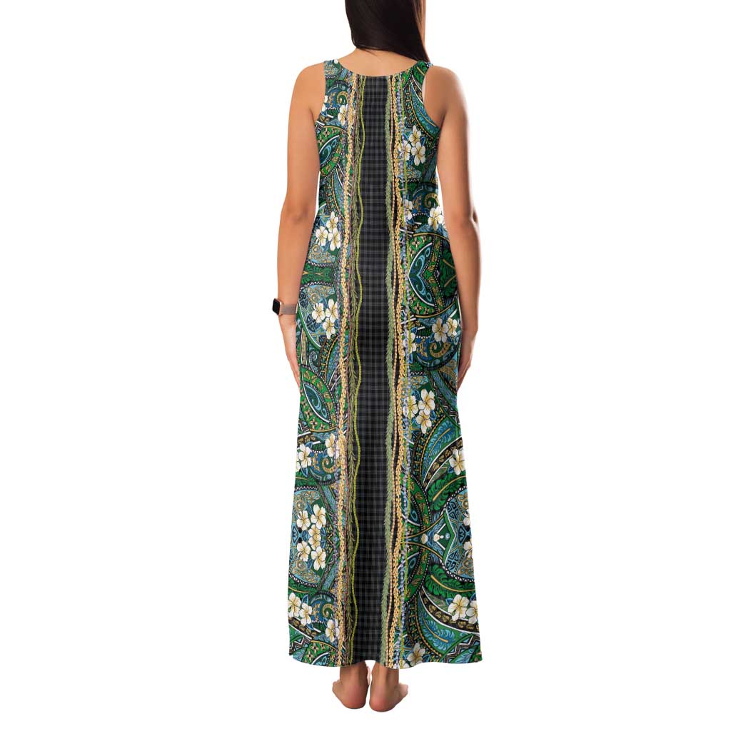 Hawaiian Art Flower Tribal with Lei Family Matching Tank Maxi Dress and Hawaiian Shirt Palaka Pattern Black Color - Polynesian Pride