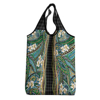 Hawaiian Art Flower Tribal with Lei Grocery Bag Palaka Pattern Black Color - Polynesian Pride