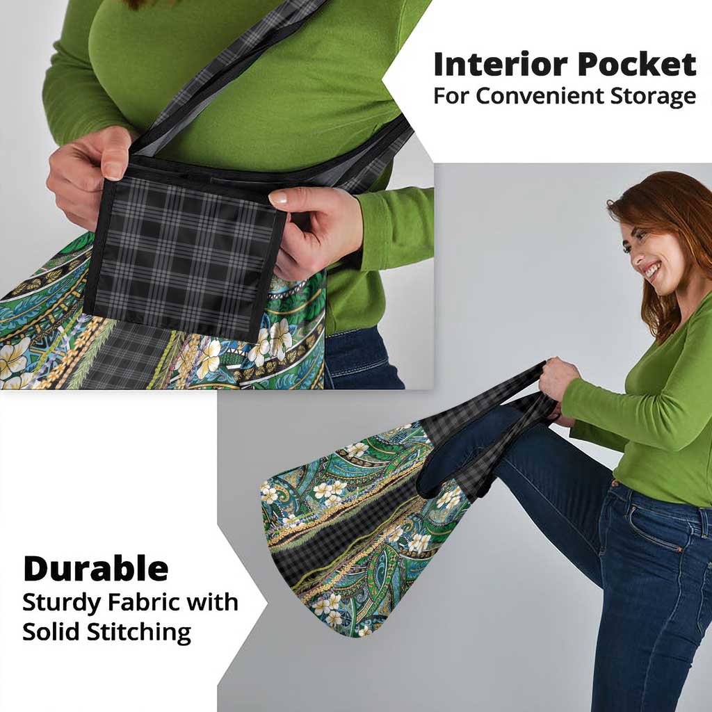 Hawaiian Art Flower Tribal with Lei Grocery Bag Palaka Pattern Black Color - Polynesian Pride