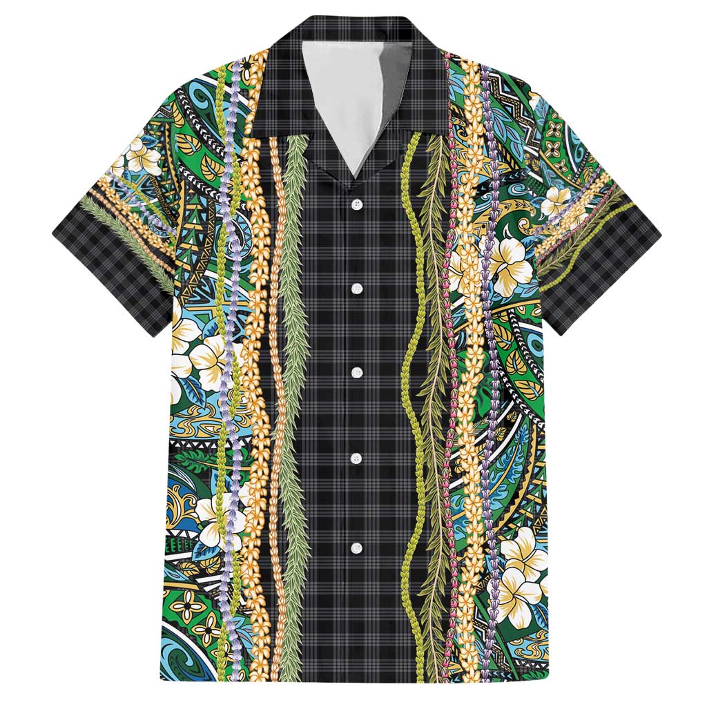 Hawaiian Art Flower Tribal with Lei Hawaiian Shirt Palaka Pattern Black Color - Polynesian Pride