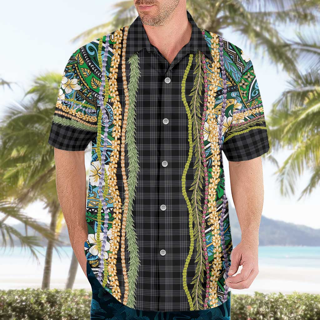 Hawaiian Art Flower Tribal with Lei Hawaiian Shirt Palaka Pattern Black Color - Polynesian Pride