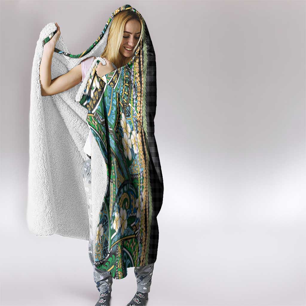 Hawaiian Art Flower Tribal with Lei Hooded Blanket Palaka Pattern Black Color - Polynesian Pride