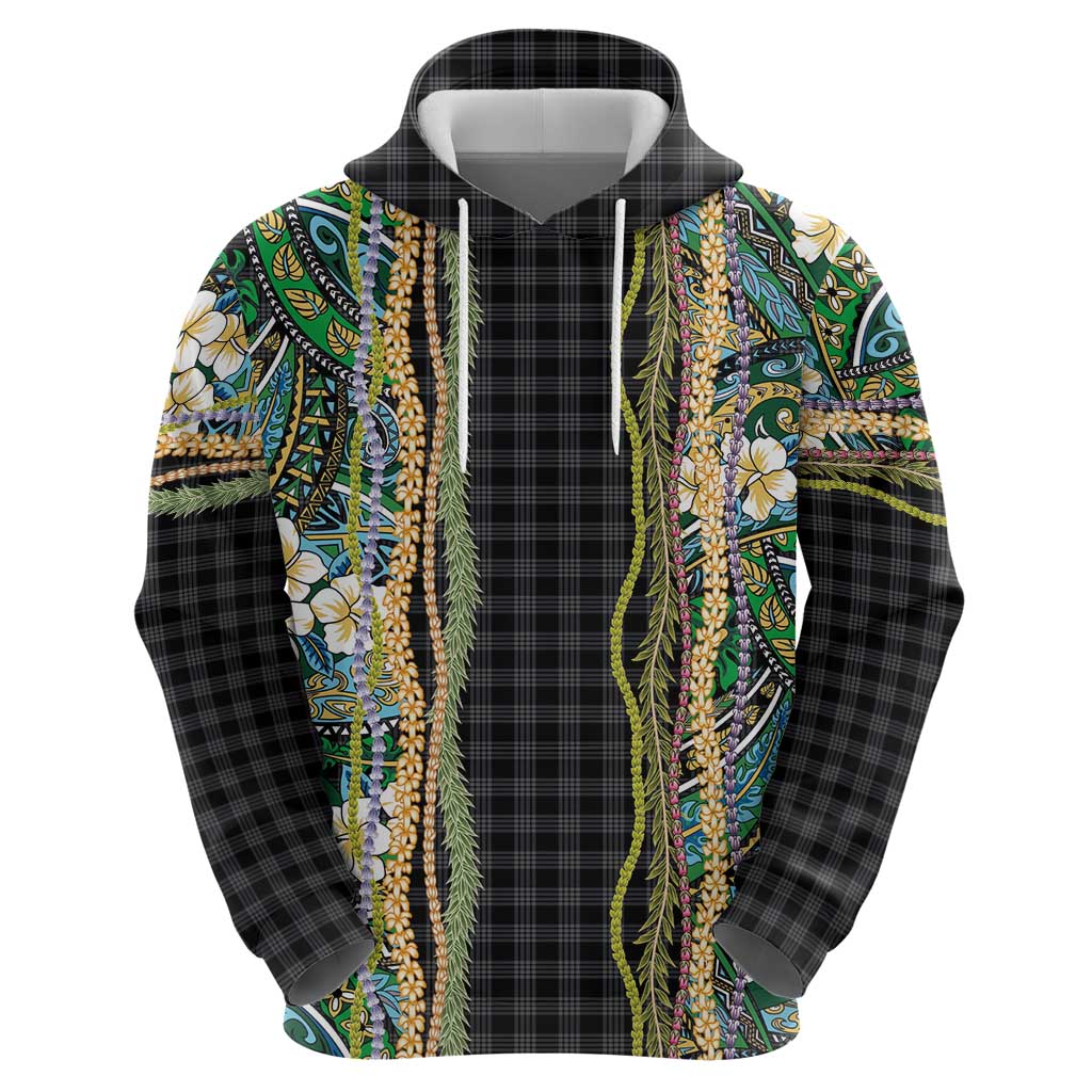 Hawaiian Art Flower Tribal with Lei Hoodie Palaka Pattern Black Color - Polynesian Pride