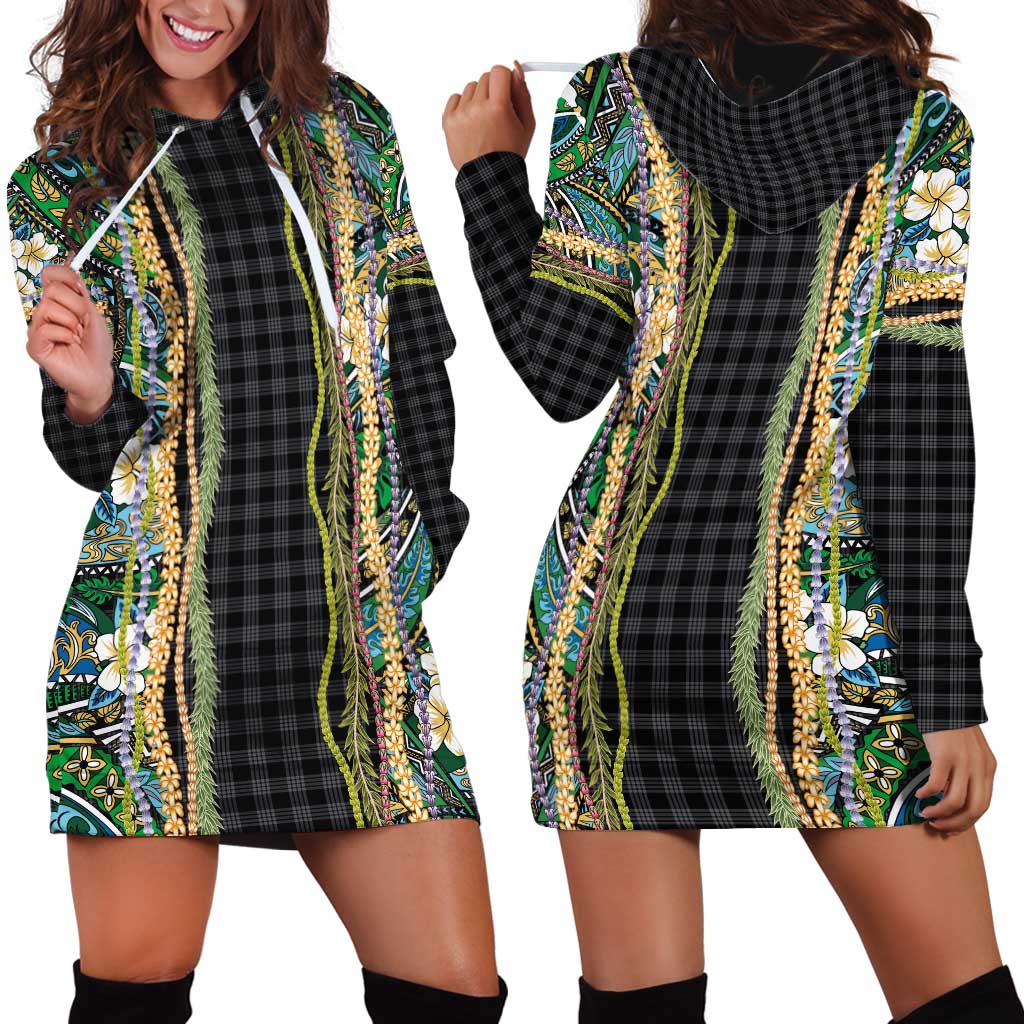 Hawaiian Art Flower Tribal with Lei Hoodie Dress Palaka Pattern Black Color - Polynesian Pride