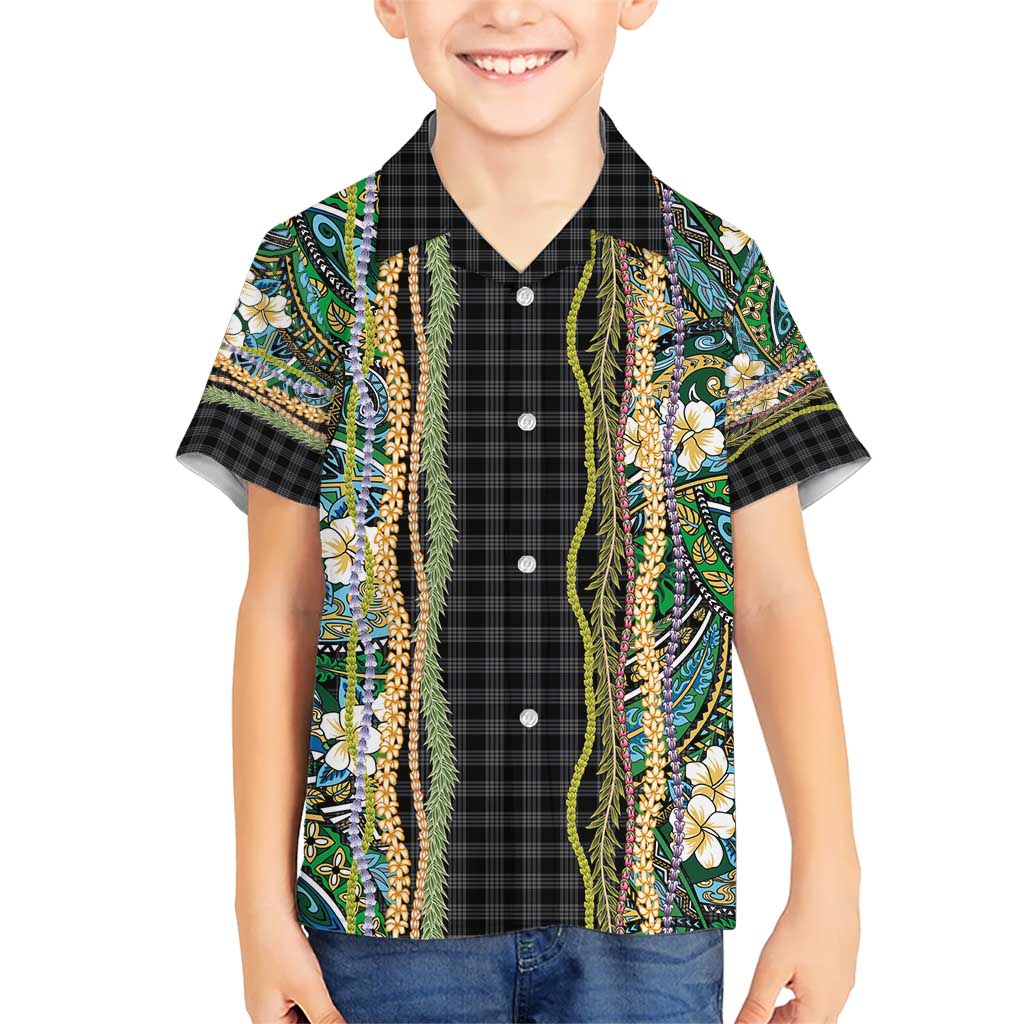 Hawaiian Art Flower Tribal with Lei Kid Hawaiian Shirt Palaka Pattern Black Color - Polynesian Pride