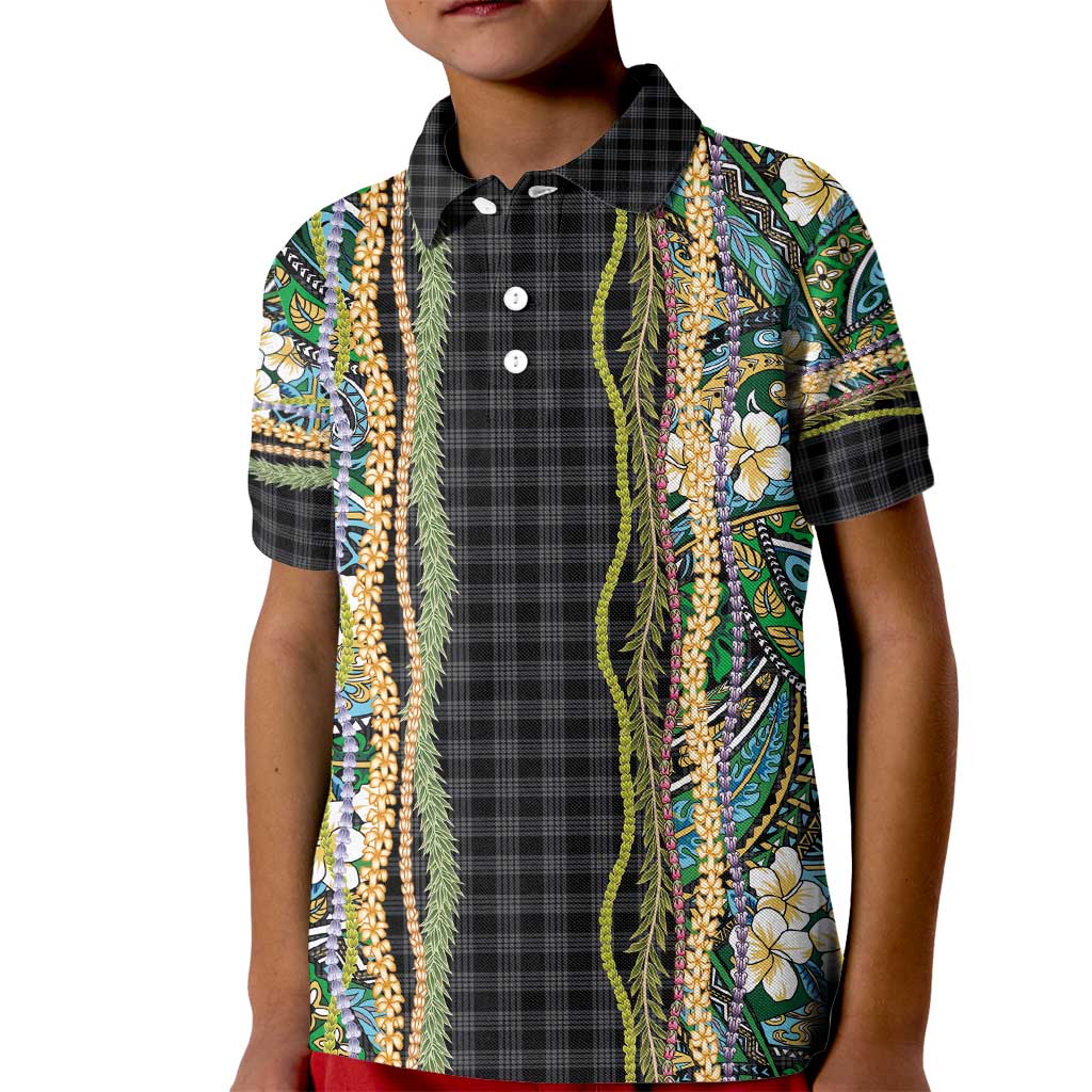 Hawaiian Art Flower Tribal with Lei Kid Polo Shirt Palaka Pattern Black Color - Polynesian Pride