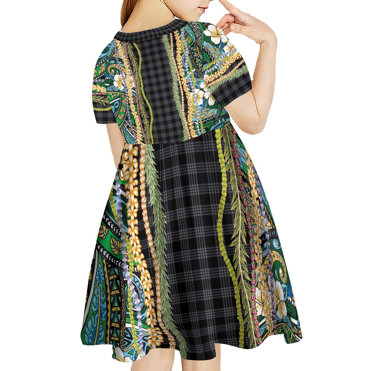 Hawaiian Art Flower Tribal with Lei Kid Short Sleeve Dress Palaka Pattern Black Color - Polynesian Pride