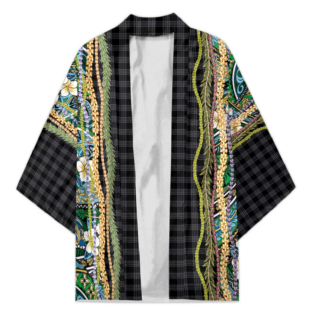 Hawaiian Art Flower Tribal with Lei Kimono Palaka Pattern Black Color - Polynesian Pride