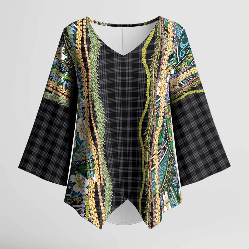 Hawaiian Art Flower Tribal with Lei Kimono Sleeve Blouse Palaka Pattern Black Color LT03 Female Black - Polynesian Pride
