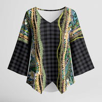 Hawaiian Art Flower Tribal with Lei Kimono Sleeve Blouse Palaka Pattern Black Color LT03 Female Black - Polynesian Pride