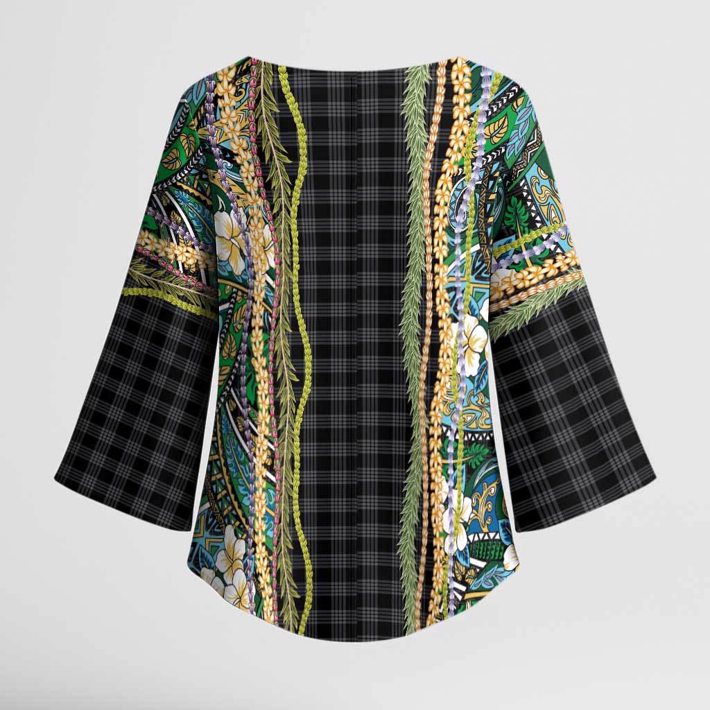 Hawaiian Art Flower Tribal with Lei Kimono Sleeve Blouse Palaka Pattern Black Color LT03 - Polynesian Pride