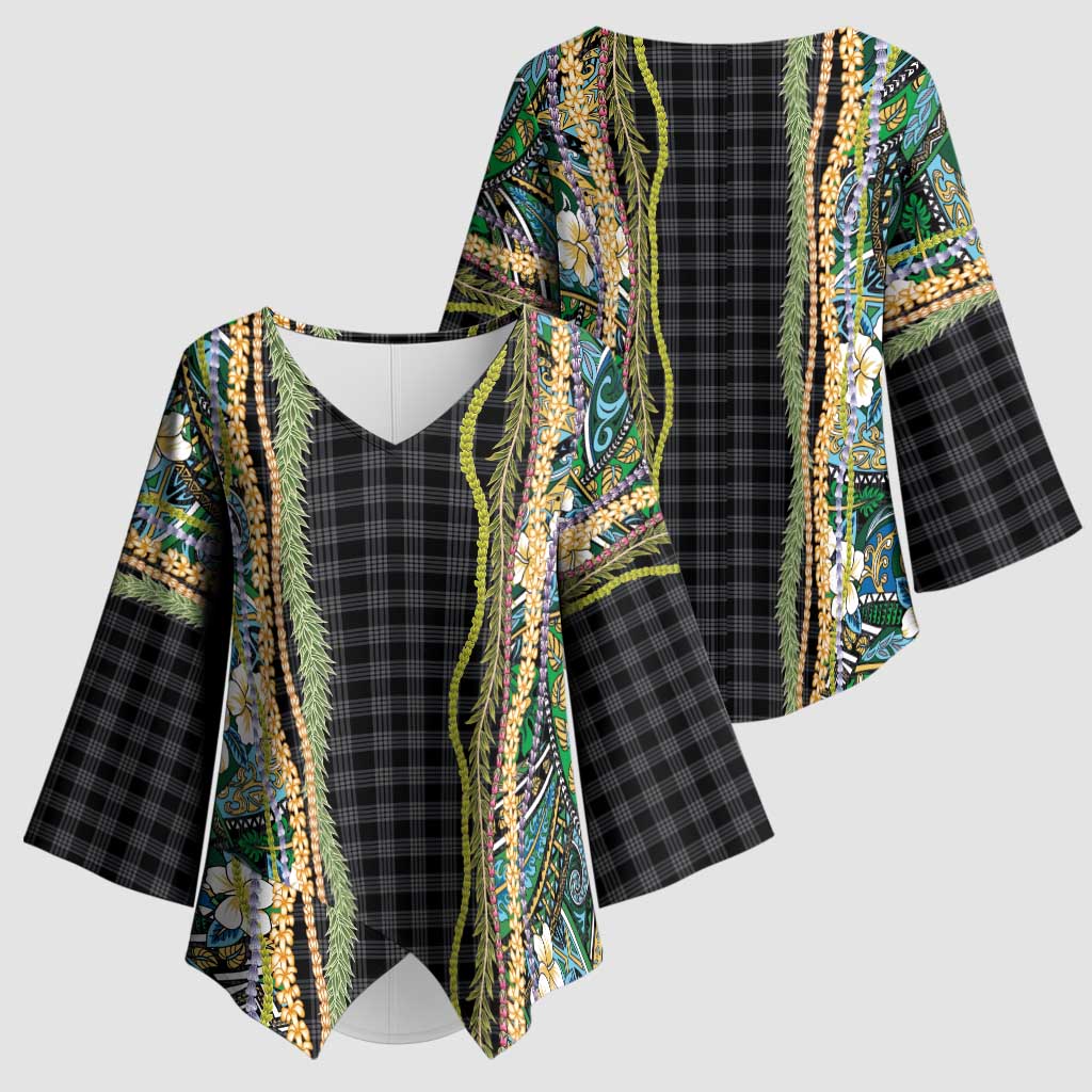 Hawaiian Art Flower Tribal with Lei Kimono Sleeve Blouse Palaka Pattern Black Color LT03 - Polynesian Pride
