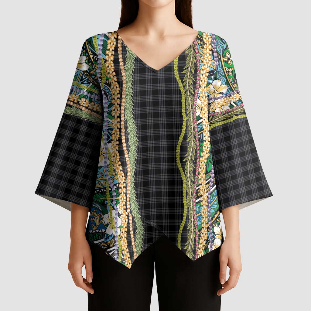 Hawaiian Art Flower Tribal with Lei Kimono Sleeve Blouse Palaka Pattern Black Color LT03 - Polynesian Pride