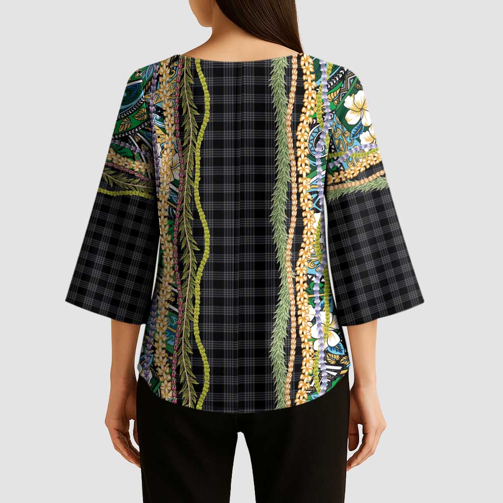 Hawaiian Art Flower Tribal with Lei Kimono Sleeve Blouse Palaka Pattern Black Color LT03 - Polynesian Pride