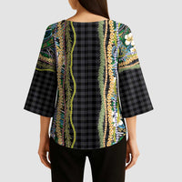 Hawaiian Art Flower Tribal with Lei Kimono Sleeve Blouse Palaka Pattern Black Color LT03 - Polynesian Pride