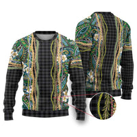 Hawaiian Art Flower Tribal with Lei Ugly Christmas Sweater Palaka Pattern Black Color - Polynesian Pride