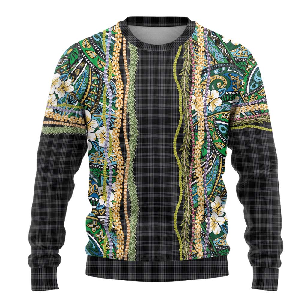 Hawaiian Art Flower Tribal with Lei Ugly Christmas Sweater Palaka Pattern Black Color - Polynesian Pride