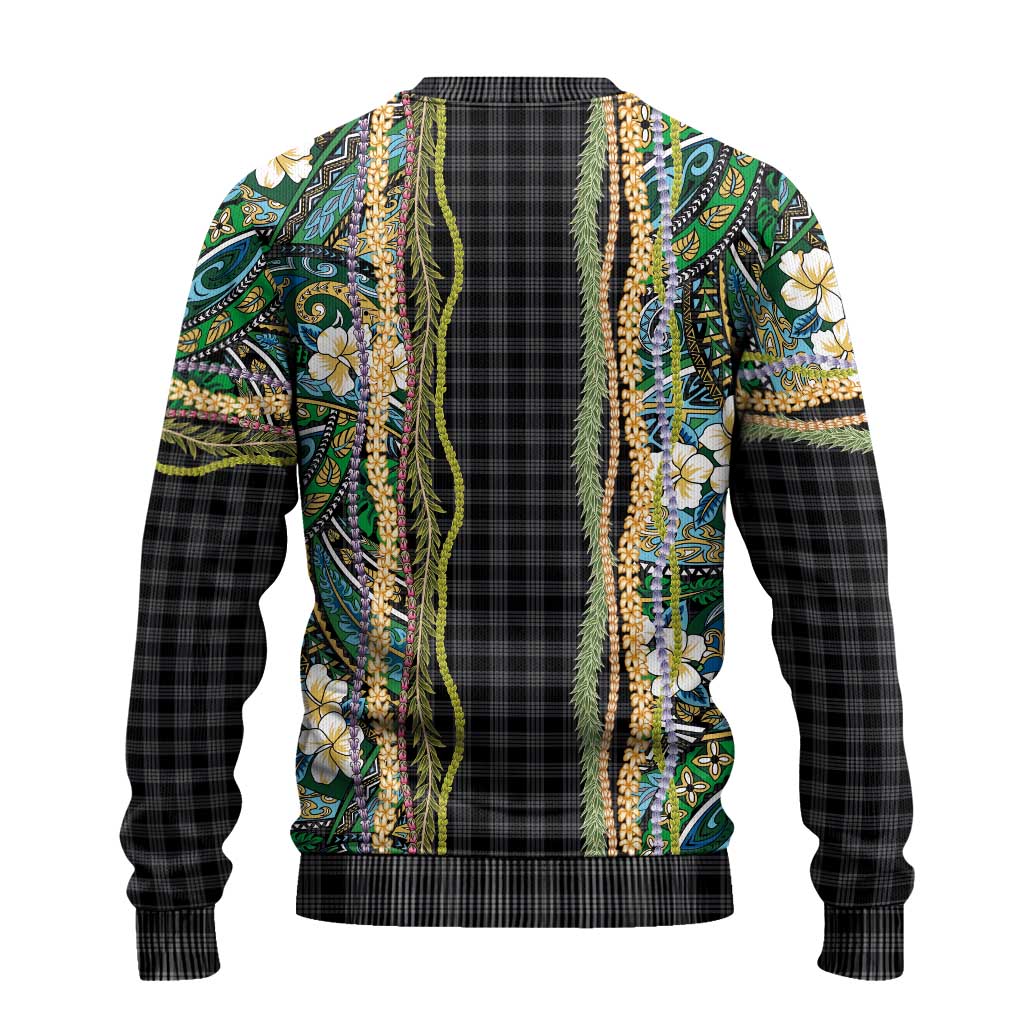 Hawaiian Art Flower Tribal with Lei Ugly Christmas Sweater Palaka Pattern Black Color - Polynesian Pride