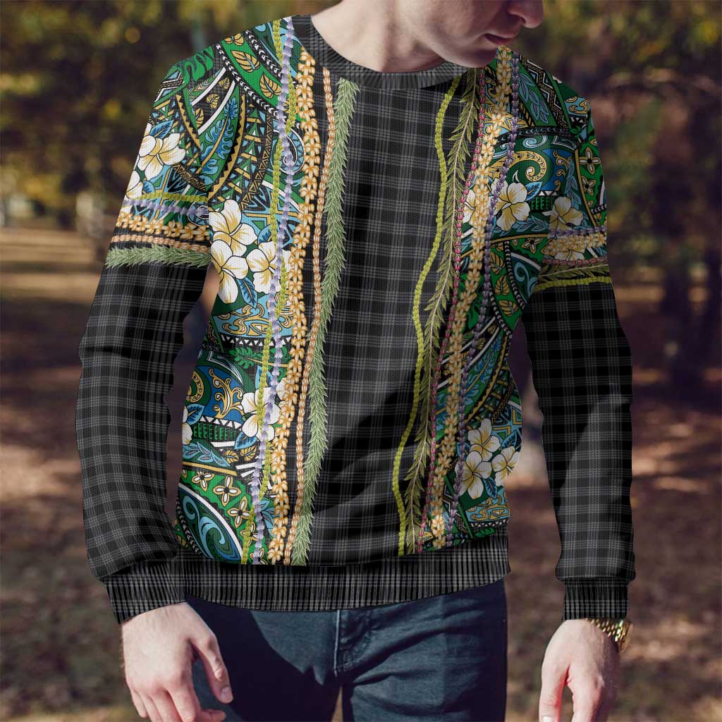 Hawaiian Art Flower Tribal with Lei Ugly Christmas Sweater Palaka Pattern Black Color - Polynesian Pride
