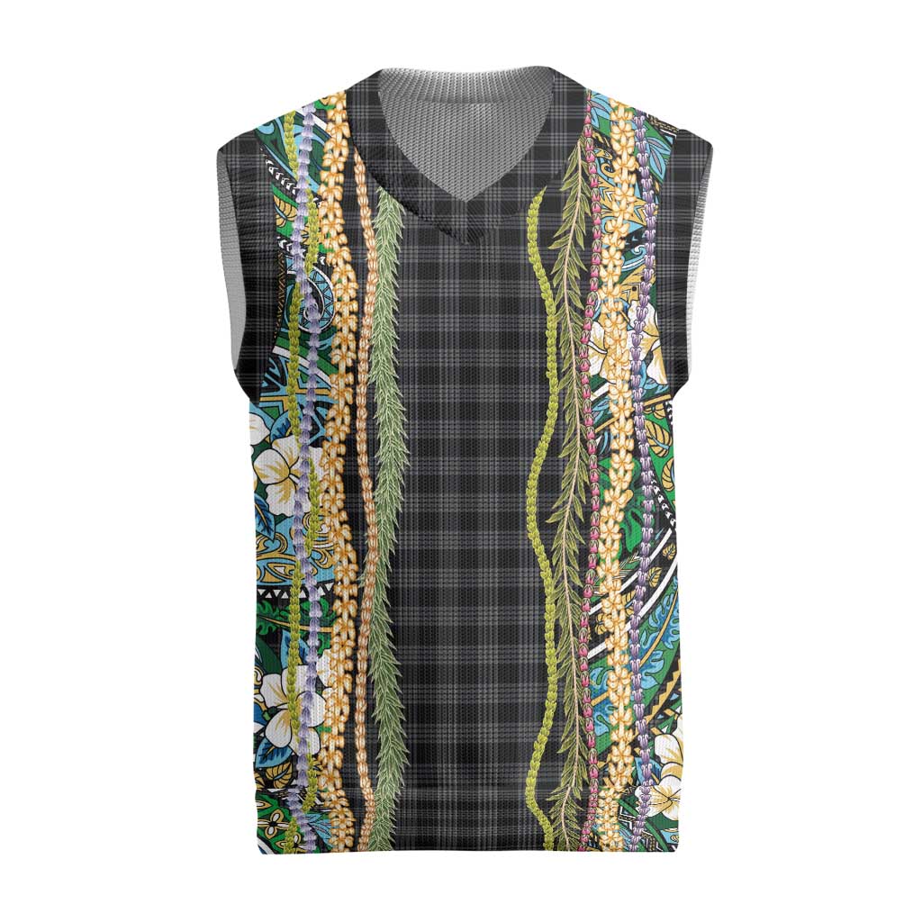 Hawaiian Art Flower Tribal with Lei Christmas Knitted V-Neck Vest Palaka Pattern Black Color - Polynesian Pride