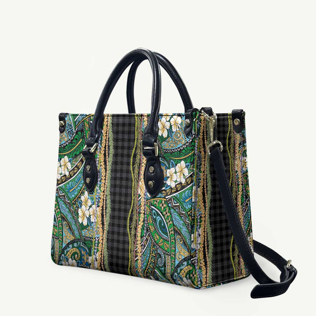 Hawaiian Art Flower Tribal with Lei Leather Bag Palaka Pattern Black Color - Polynesian Pride