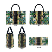 Hawaiian Art Flower Tribal with Lei Leather Bag Palaka Pattern Black Color - Polynesian Pride
