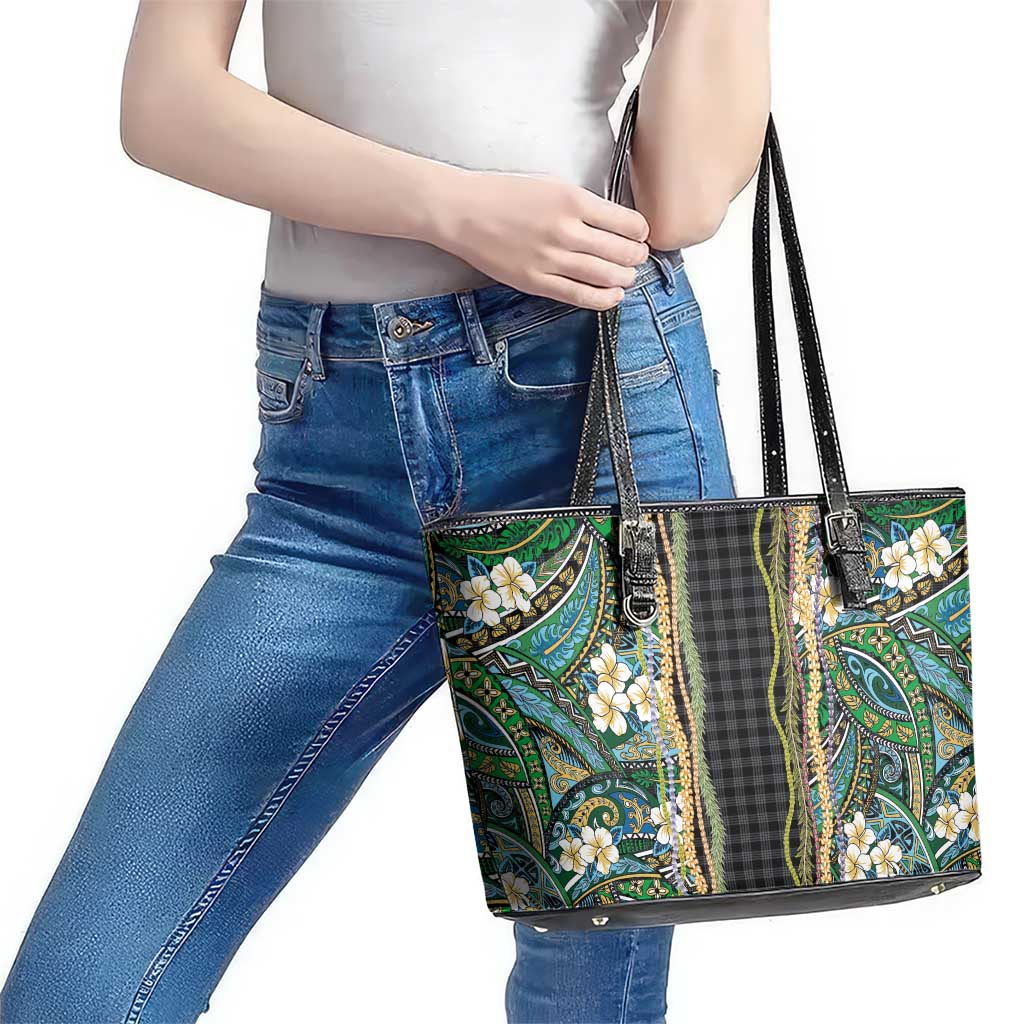 Hawaiian Art Flower Tribal with Lei Leather Tote Bag Palaka Pattern Black Color - Polynesian Pride