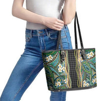 Hawaiian Art Flower Tribal with Lei Leather Tote Bag Palaka Pattern Black Color - Polynesian Pride