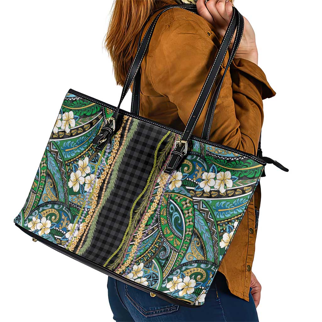 Hawaiian Art Flower Tribal with Lei Leather Tote Bag Palaka Pattern Black Color - Polynesian Pride