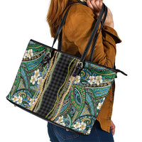 Hawaiian Art Flower Tribal with Lei Leather Tote Bag Palaka Pattern Black Color - Polynesian Pride