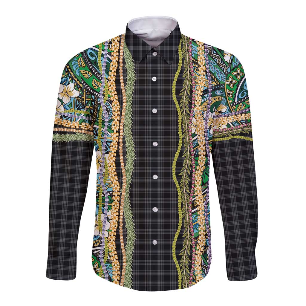 Hawaiian Art Flower Tribal with Lei Long Sleeve Button Shirt Palaka Pattern Black Color LT03 Unisex Black - Polynesian Pride