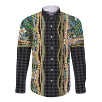 Hawaiian Art Flower Tribal with Lei Long Sleeve Button Shirt Palaka Pattern Black Color LT03 Unisex Black - Polynesian Pride