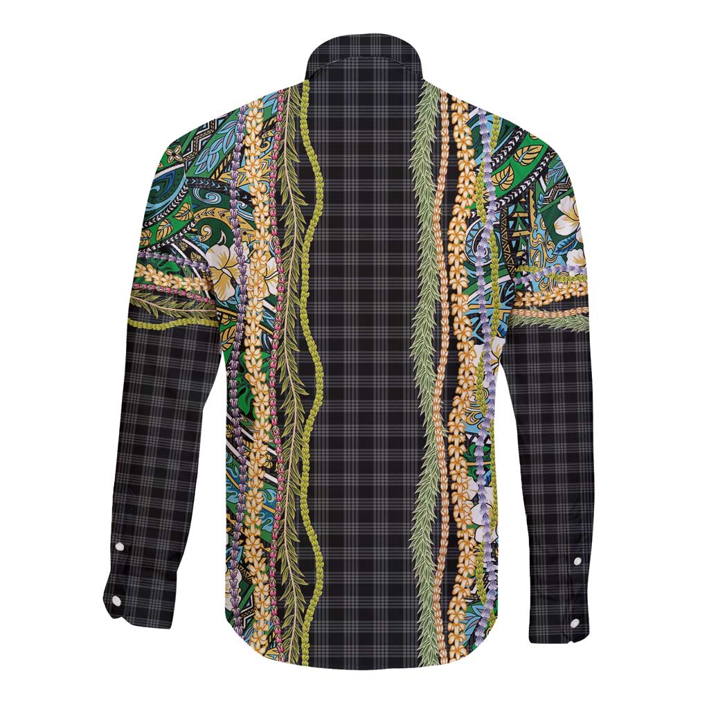 Hawaiian Art Flower Tribal with Lei Long Sleeve Button Shirt Palaka Pattern Black Color LT03 - Polynesian Pride