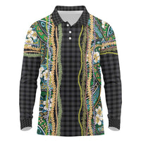 Hawaiian Art Flower Tribal with Lei Long Sleeve Polo Shirt Palaka Pattern Black Color LT03 Black - Polynesian Pride