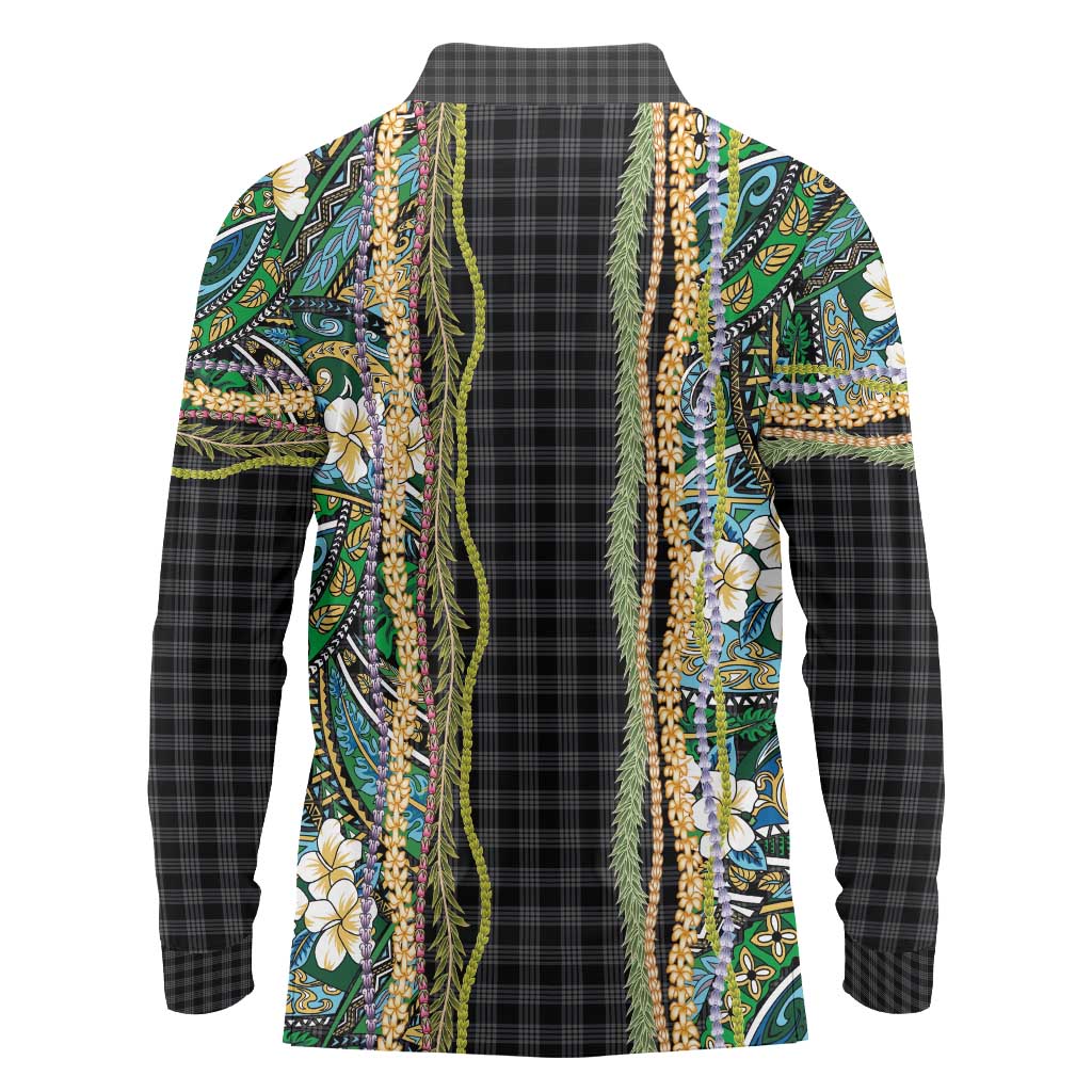 Hawaiian Art Flower Tribal with Lei Long Sleeve Polo Shirt Palaka Pattern Black Color LT03 - Polynesian Pride
