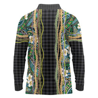 Hawaiian Art Flower Tribal with Lei Long Sleeve Polo Shirt Palaka Pattern Black Color LT03 - Polynesian Pride
