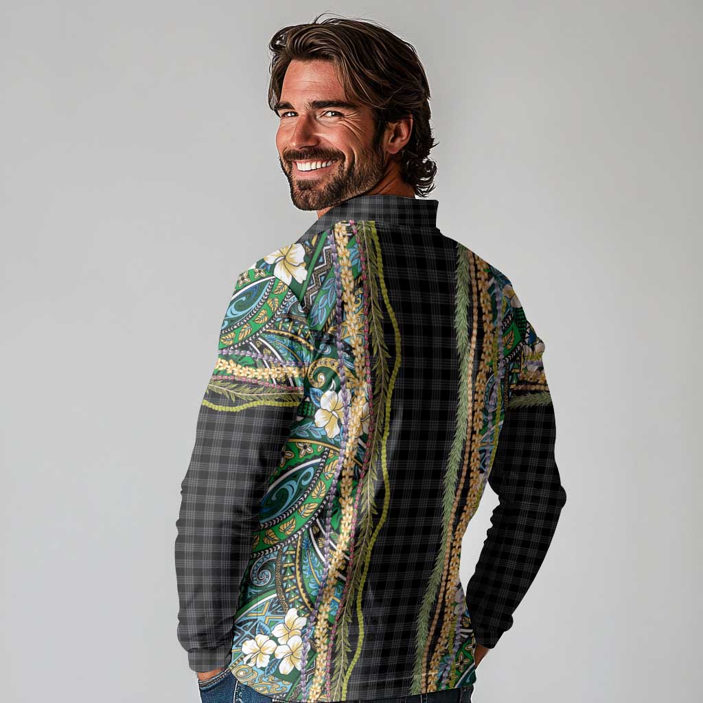 Hawaiian Art Flower Tribal with Lei Long Sleeve Polo Shirt Palaka Pattern Black Color LT03 - Polynesian Pride