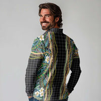 Hawaiian Art Flower Tribal with Lei Long Sleeve Polo Shirt Palaka Pattern Black Color LT03 - Polynesian Pride