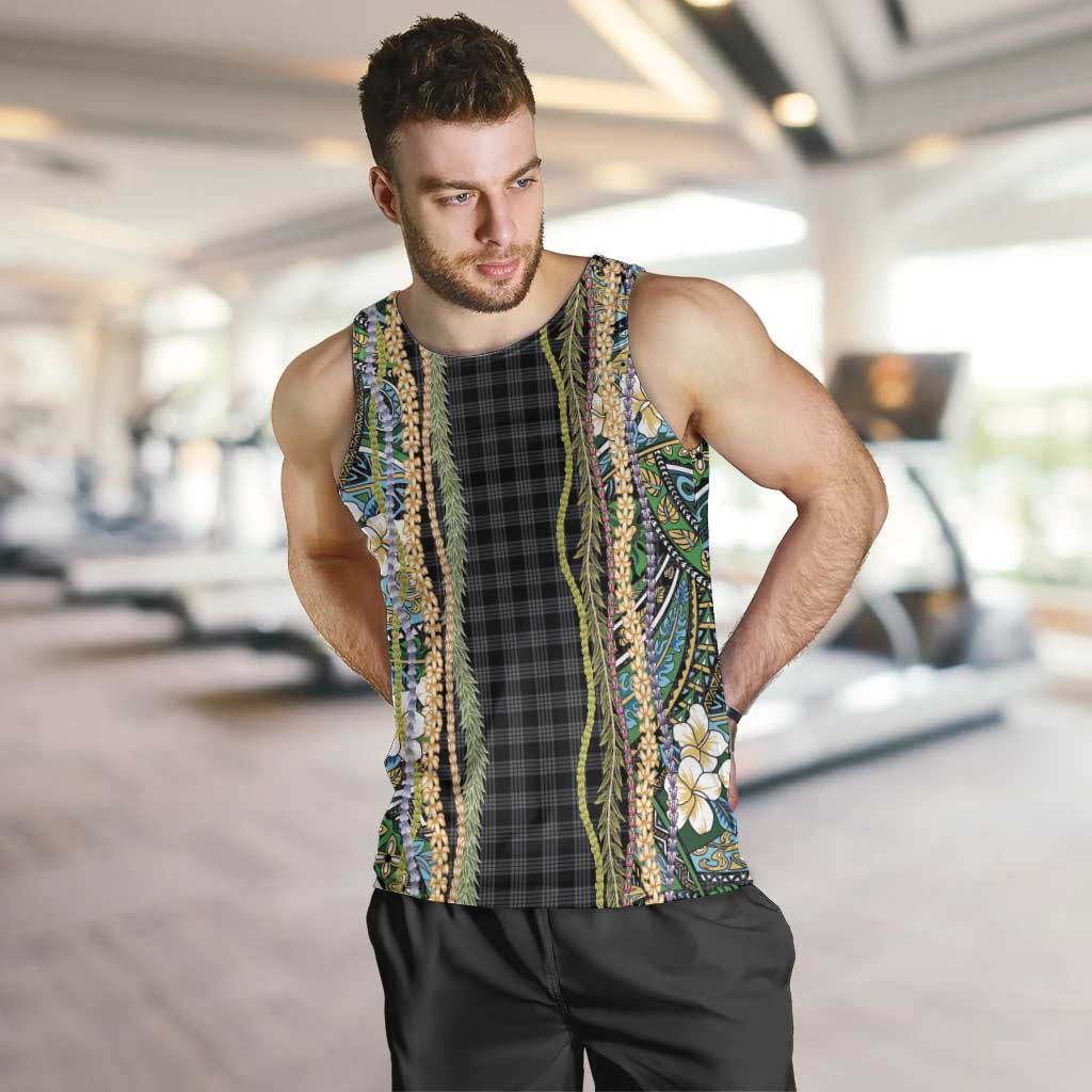 Hawaiian Art Flower Tribal with Lei Men Tank Top Palaka Pattern Black Color LT03 Black - Polynesian Pride