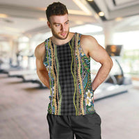 Hawaiian Art Flower Tribal with Lei Men Tank Top Palaka Pattern Black Color LT03 Black - Polynesian Pride