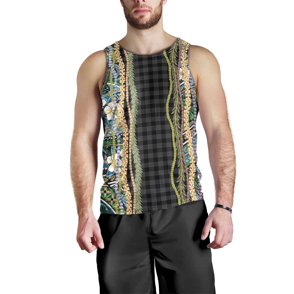 Hawaiian Art Flower Tribal with Lei Men Tank Top Palaka Pattern Black Color LT03 - Polynesian Pride