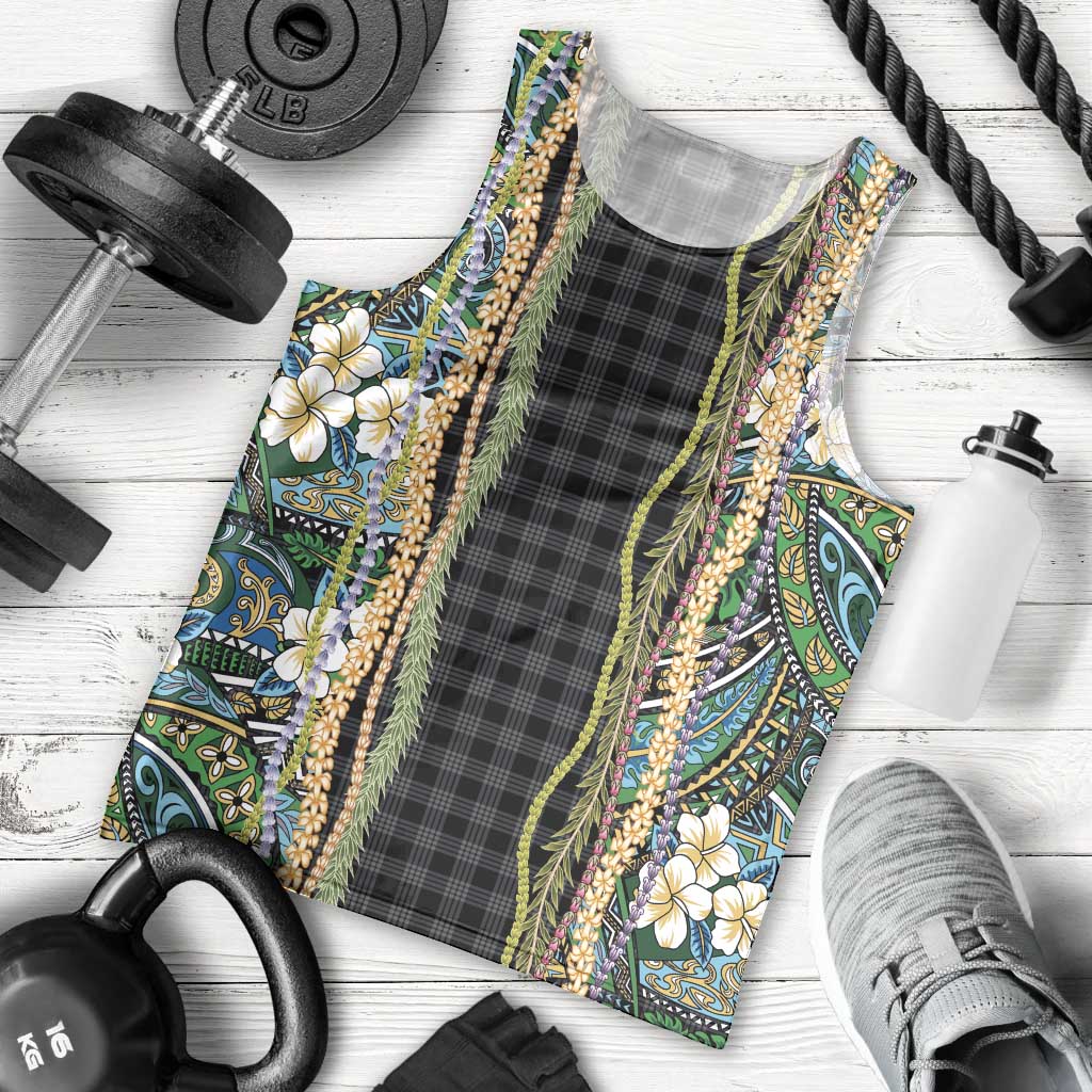 Hawaiian Art Flower Tribal with Lei Men Tank Top Palaka Pattern Black Color LT03 - Polynesian Pride