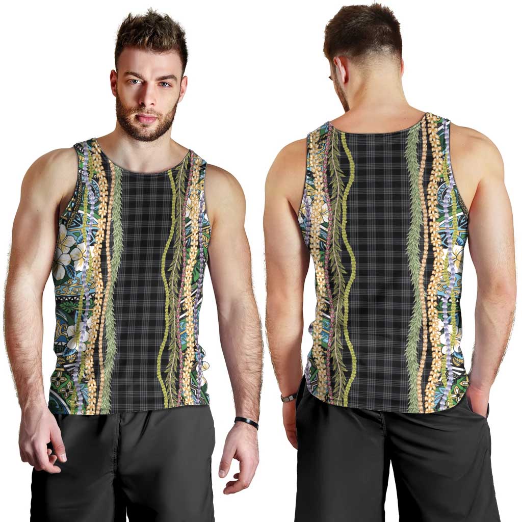 Hawaiian Art Flower Tribal with Lei Men Tank Top Palaka Pattern Black Color LT03 - Polynesian Pride