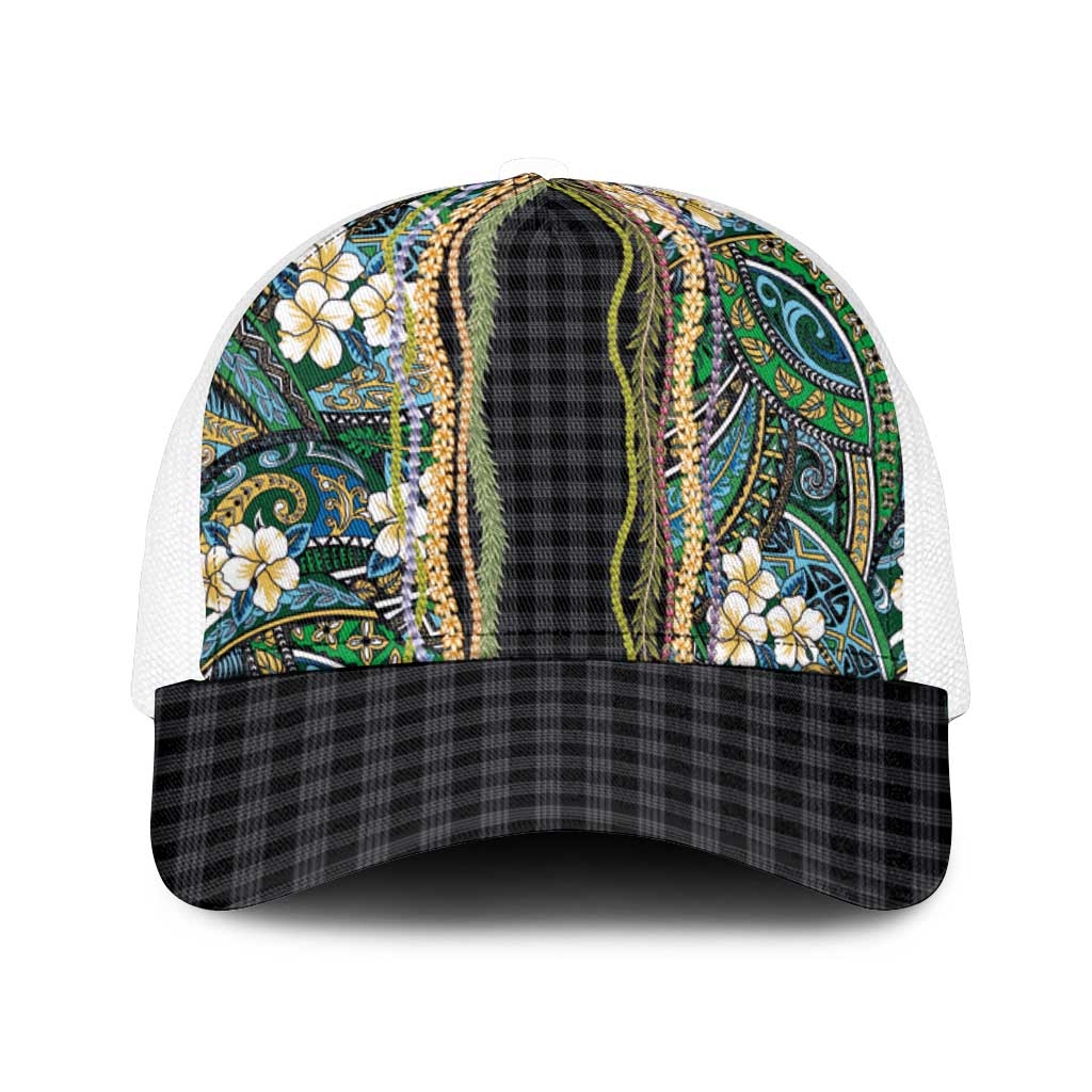Hawaiian Art Flower Tribal with Lei Mesh Trucker Cap Palaka Pattern Black Color - Polynesian Pride