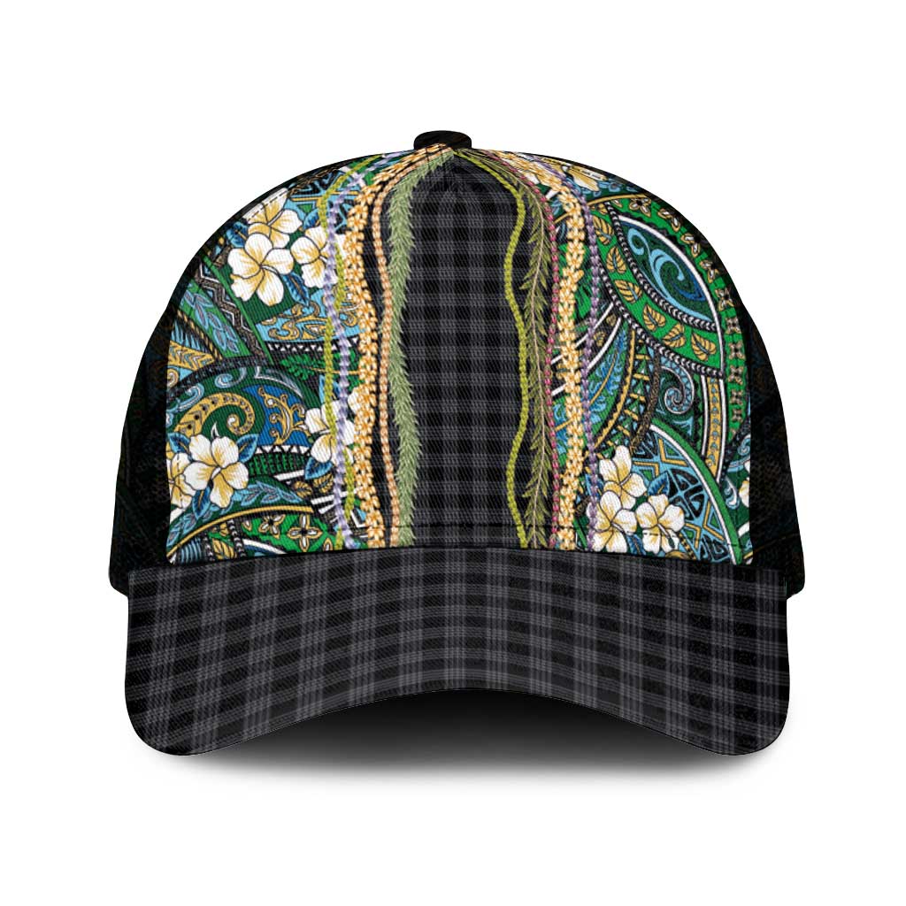 Hawaiian Art Flower Tribal with Lei Mesh Trucker Cap Palaka Pattern Black Color - Polynesian Pride
