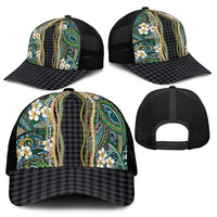 Hawaiian Art Flower Tribal with Lei Mesh Trucker Cap Palaka Pattern Black Color - Polynesian Pride