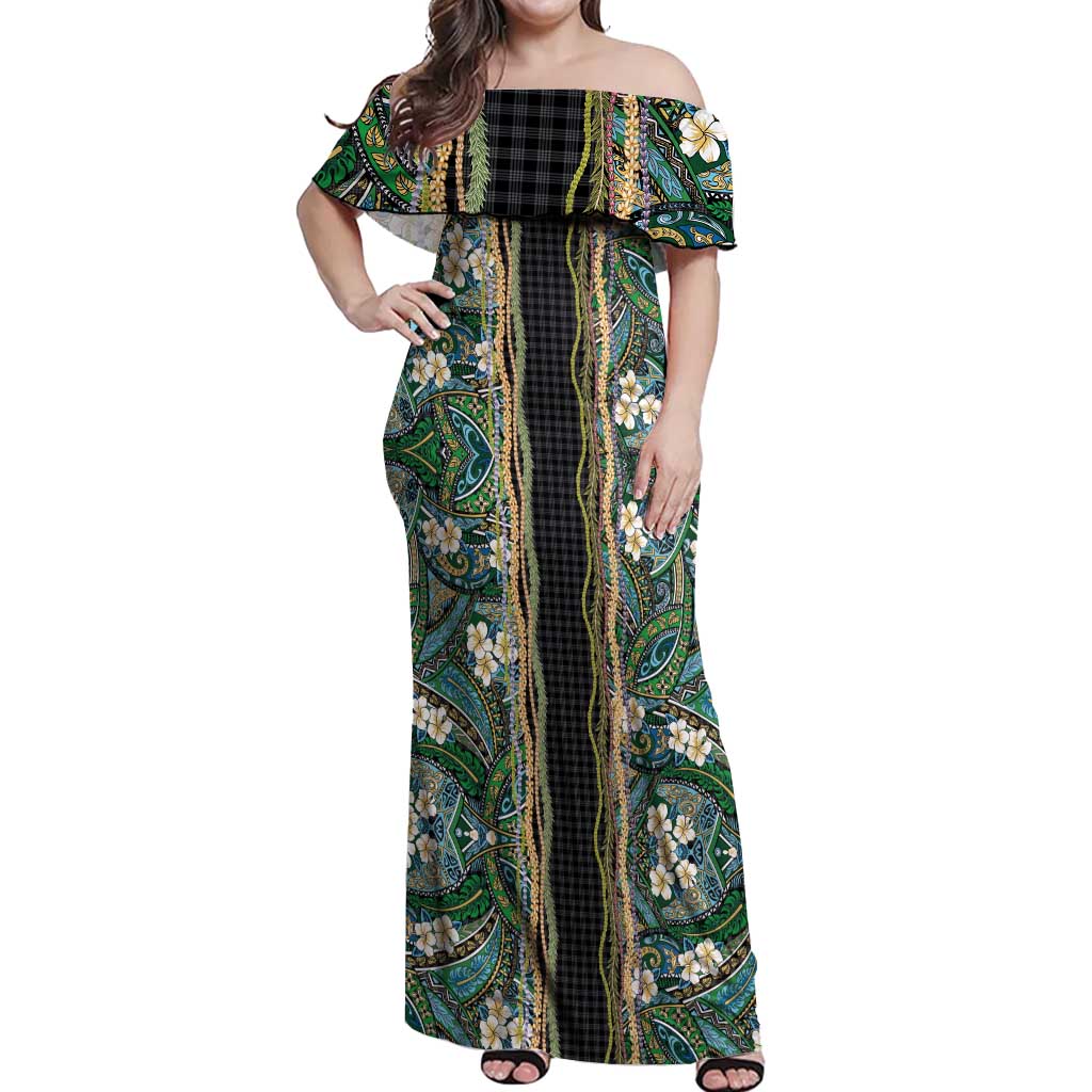 Hawaiian Art Flower Tribal with Lei Off Shoulder Maxi Dress Palaka Pattern Black Color - Polynesian Pride