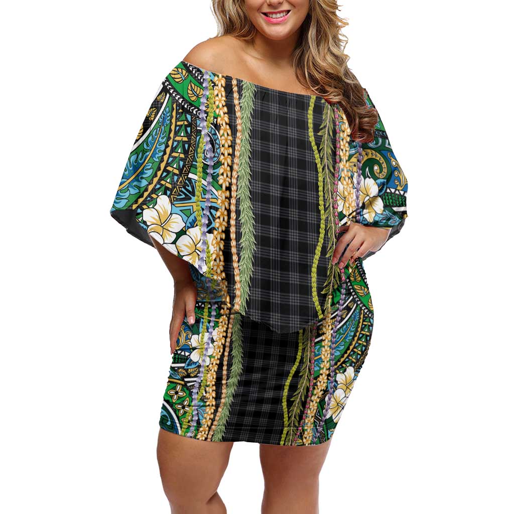 Hawaiian Art Flower Tribal with Lei Off Shoulder Short Dress Palaka Pattern Black Color - Polynesian Pride