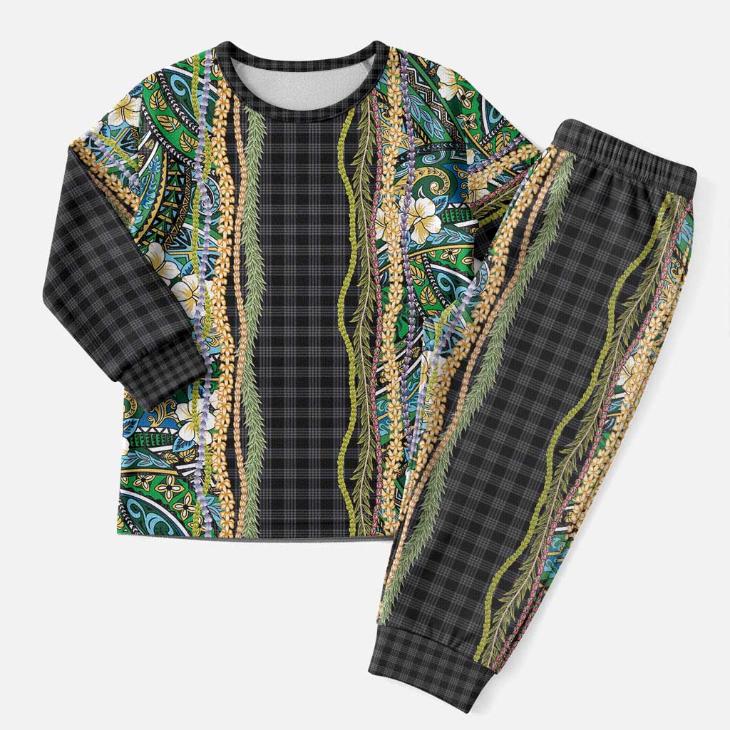 Hawaiian Art Flower Tribal with Lei Christmas Pajama Set Palaka Pattern Black Color - Polynesian Pride